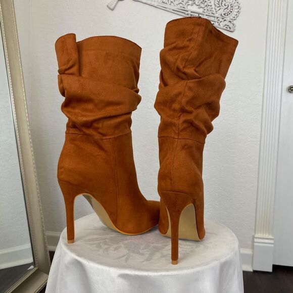 90s Style Slouchy Brown Faux Suede Stiletto High Heel Pointy Boots US 8.5  EU 39 - Picture 5 of 8